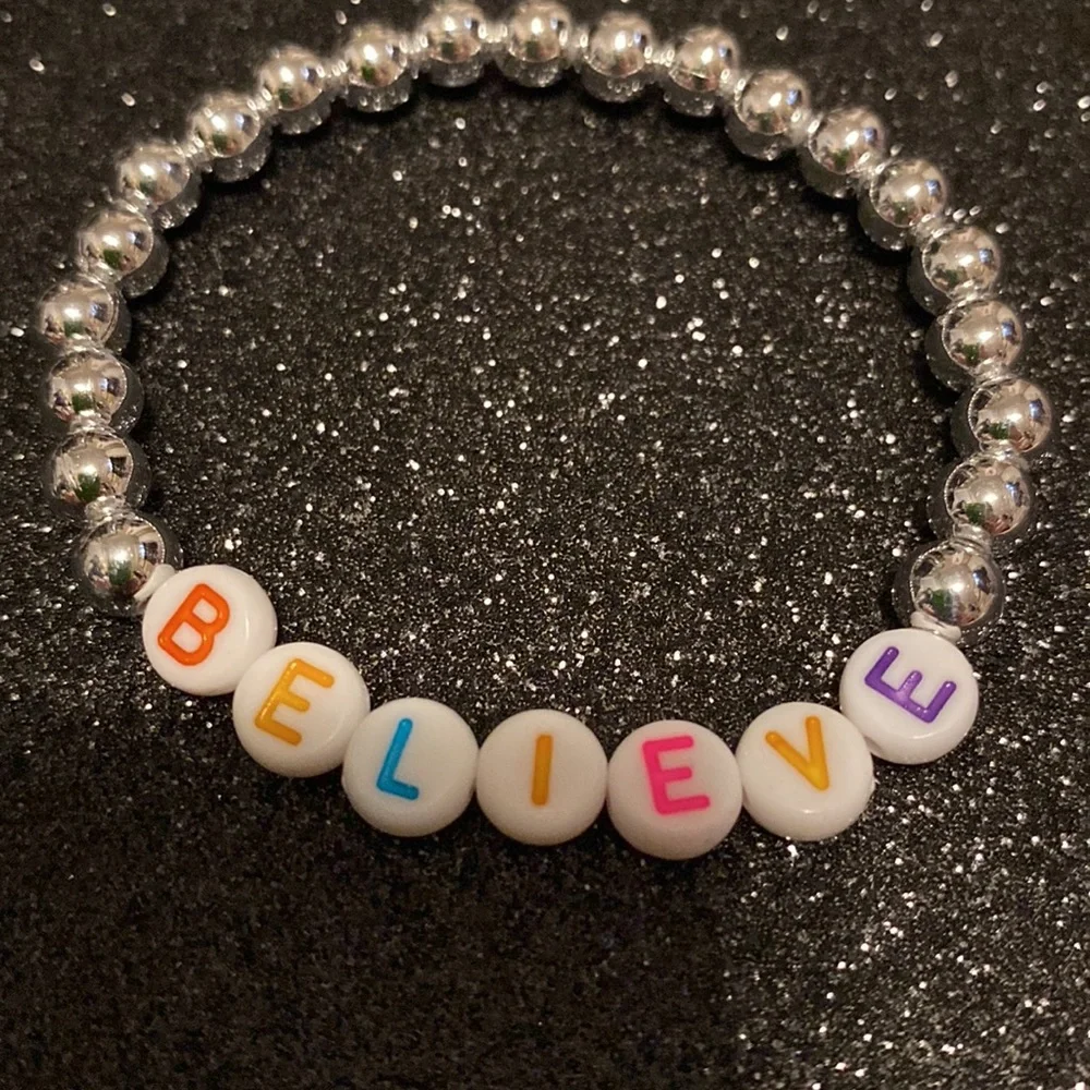 Girls faux silver beaded stretch believe bracelet